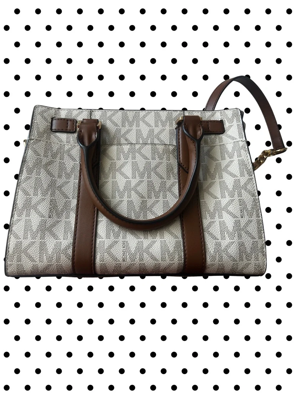 Michael Kors White and Brown Signature Logo Satchel